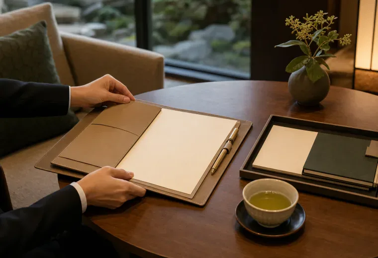 Concierge desk with blank itinerary folder, notebook, and green tea